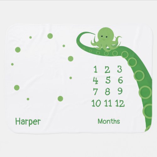 Little Octopus White Green Name Animal Milestone Baby Blanket