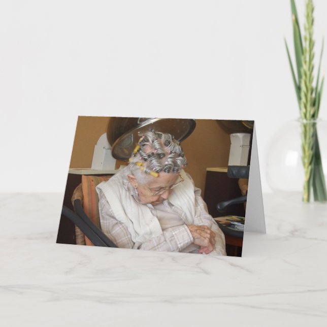 LIttle Old Lady Sleeping Under Hair Dryer Holiday Card (Front)