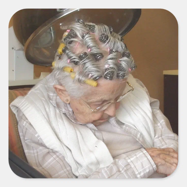 LIttle Old Lady Sleeping Under Hair Dryer Square Sticker | Zazzle