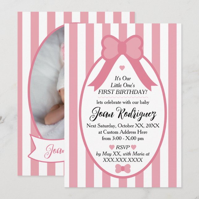 Little One Bow 1st Birthday Photo Invitations (Front/Back)