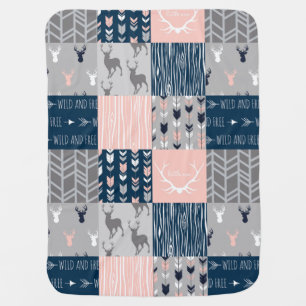 Little One Deer Patchwork Blanket- pink/navy/grey Baby Blanket