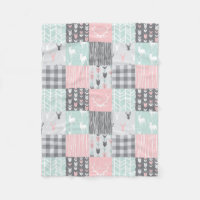 Little One Patchwork Deer - pink, mint and grey Fleece Blanket