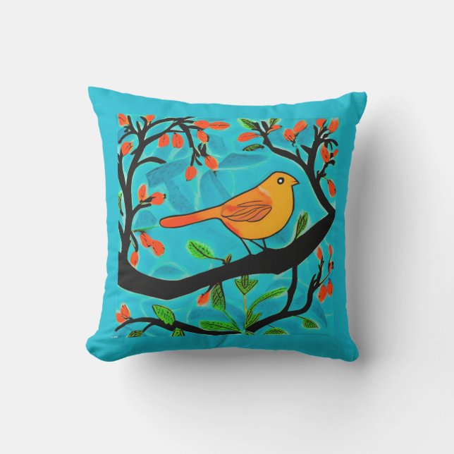 Little Orange Bird on a Flowering Branch Outdoor Pillow (Front)