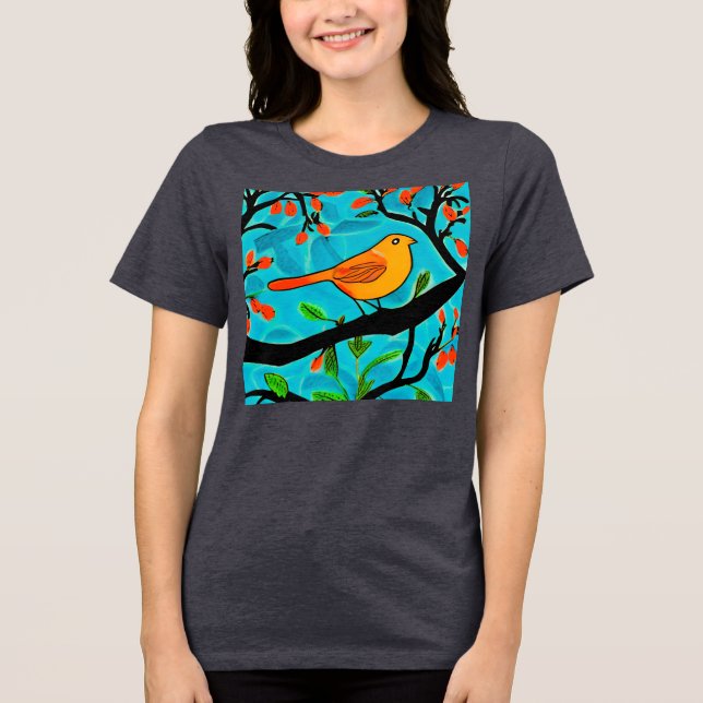 Little Orange Bird on a Flowering Branch Tri-Blend Shirt (Front)