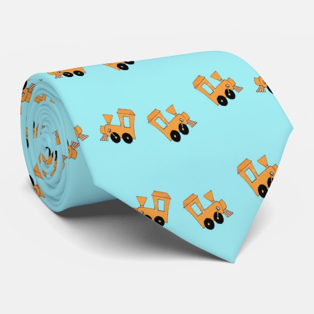 Little orange trains pattern on blue neck tie (Rolled)
