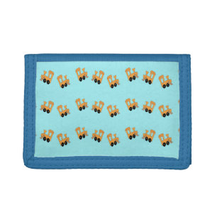 Little orange trains pattern on blue tri-fold wallet