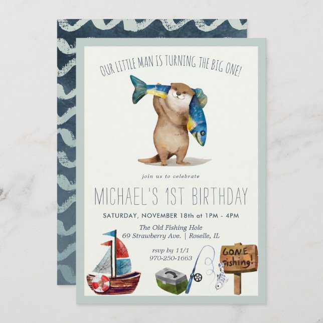 Little Otter Fishing 1st Birthday Invitation (Front/Back)