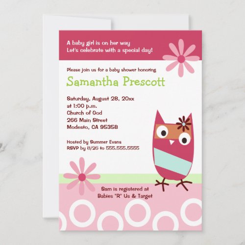 Little Owl Baby Shower Invitations Baby Girl 5x7