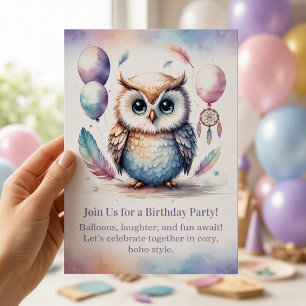 Little Owl Birthday Invitation Woodland Boho