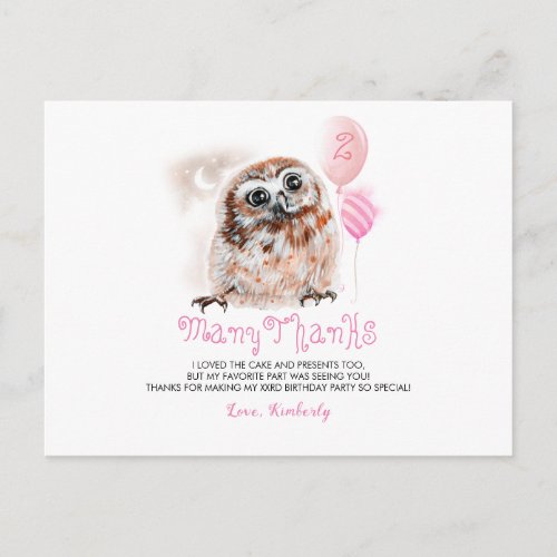 Little Owl Birthday Thank You Postcard