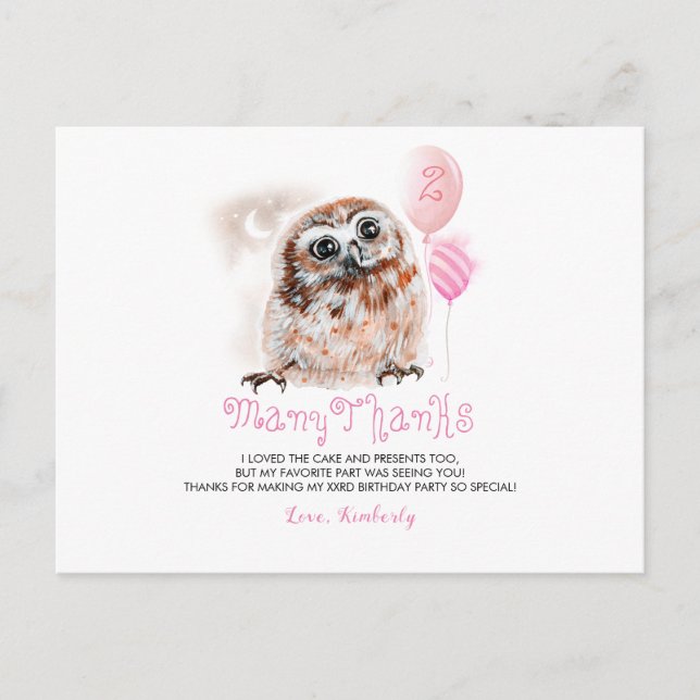 Little Owl Birthday Thank You Postcard (Front)