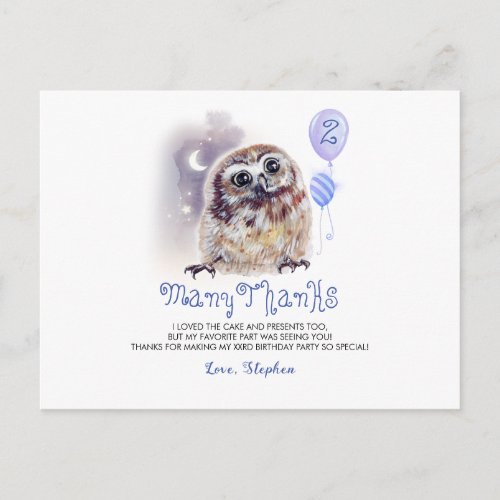 Little Owl Birthday Thank You Postcard