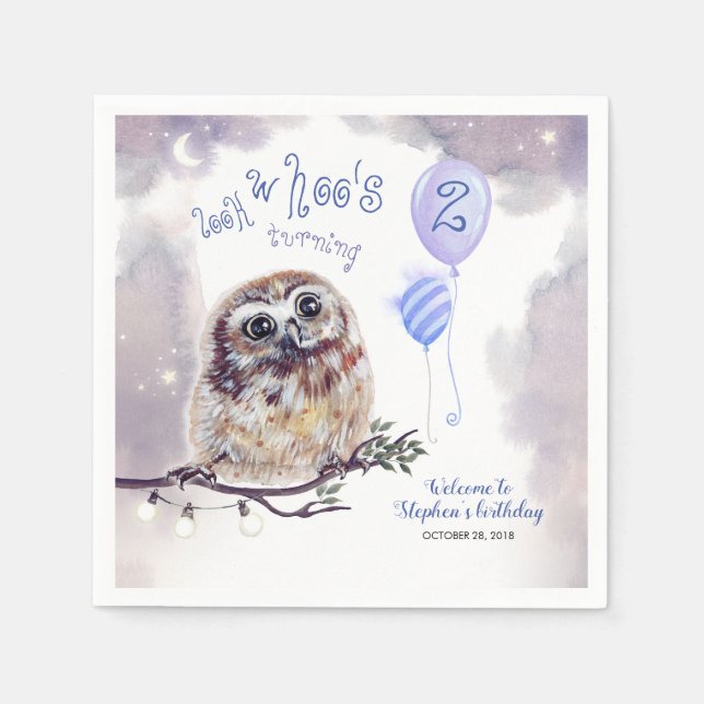 Little Owl Blue Night Birthday Napkins (Front)