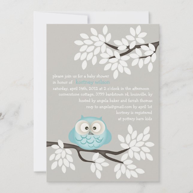 Little Owl & Branches Baby Shower Invitations (Front)