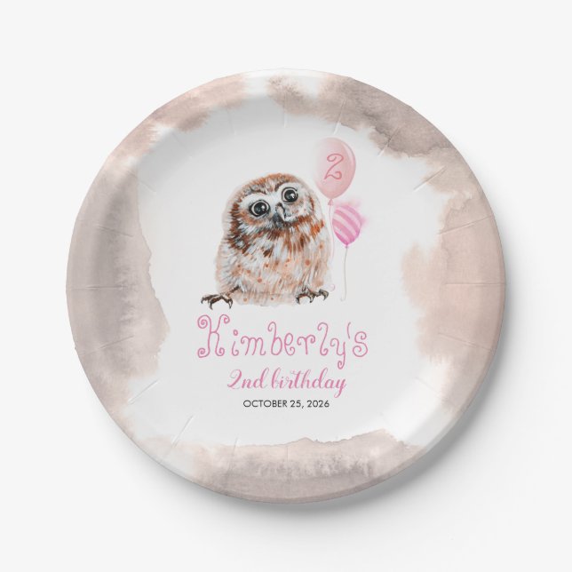 Little Owl Cute Pink Birthday Paper Plates (Front)