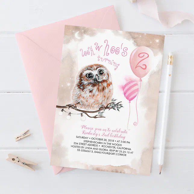 Little Owl Girls Pink Birthday Invitation | Zazzle