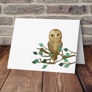 Little Owl Note Card, Leafy Green Tree Branch