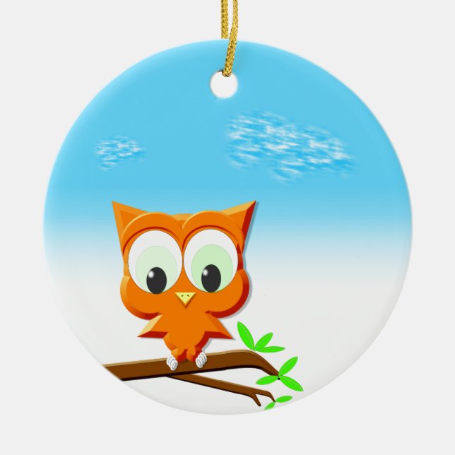 Little Owl on a Branch Ceramic Ornament (Front)