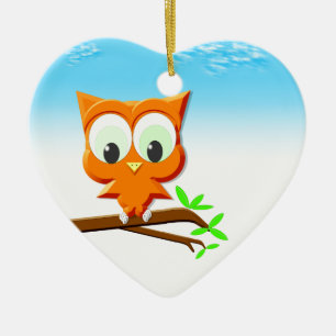 Little Owl on a Branch Ceramic Ornament