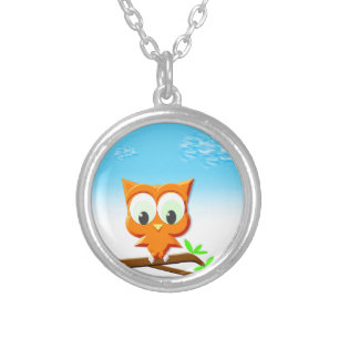 Little Owl on a Branch Silver Plated Necklace