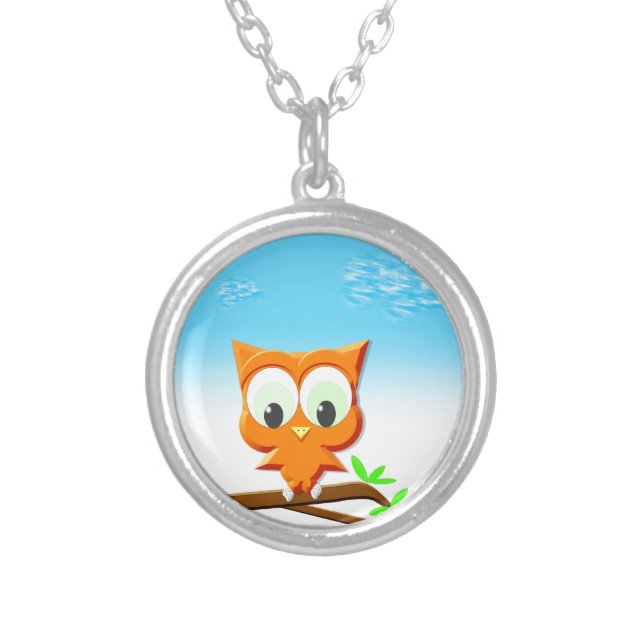 Little Owl on a Branch Silver Plated Necklace (Front)