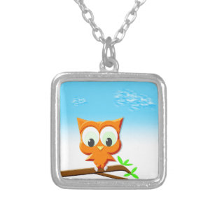 Little Owl on a Branch Silver Plated Necklace