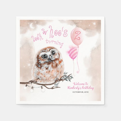 Little Owl Pink Blush Watercolors Birthday Napkins