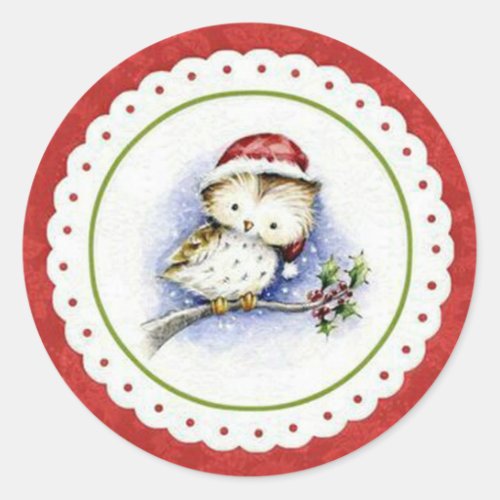Little Owl Wearing Christmas Cap in Snowfall Classic Round Sticker