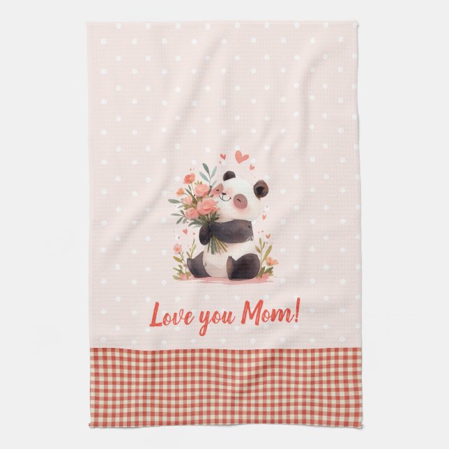 Little Panda Holding Flowers Mothers Day Gift Kitchen Towel (Vertical)