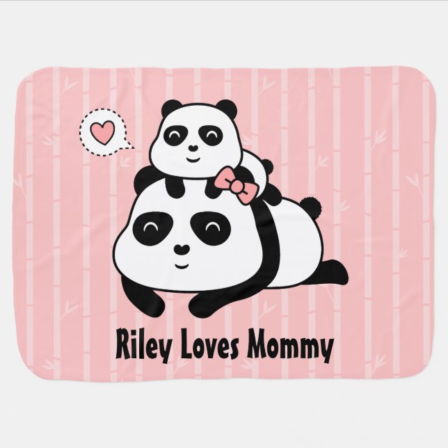 Little Panda Loves Mommy Personalized Baby Blanket (Horizontal)