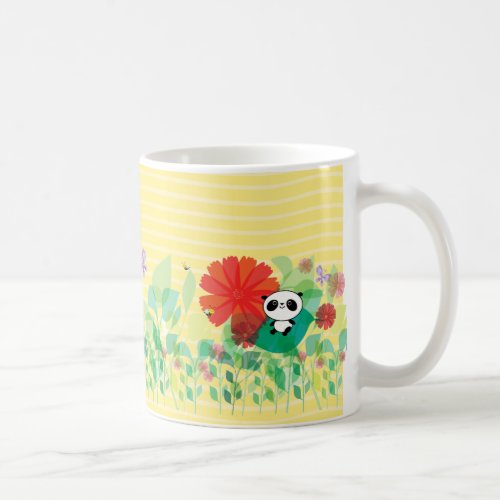 Little panda sits in the flowers coffee mug