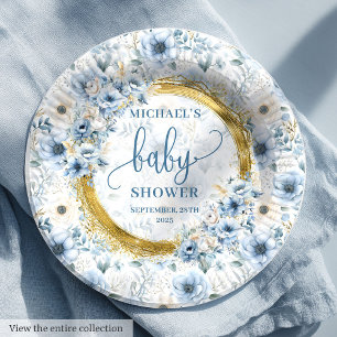 Little pastel blue flowers gold boho watercolor paper plates