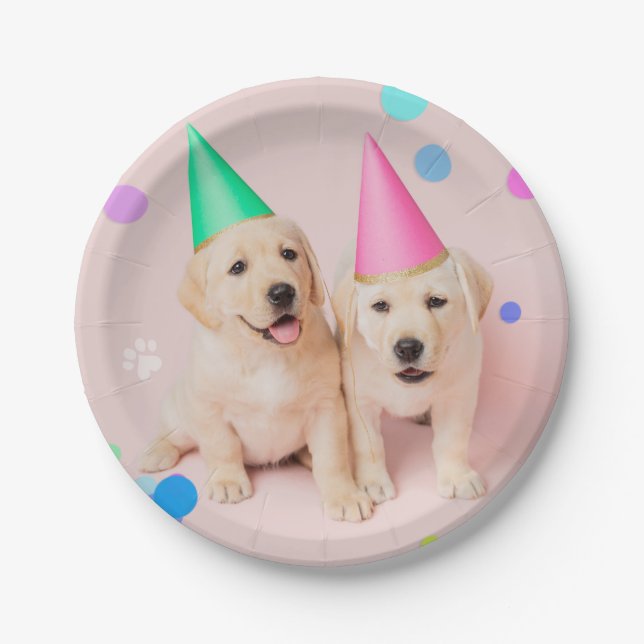 Little Paws two Labrador Puppies Pink  Birthday Paper Plates (Front)