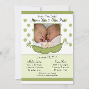 Little Pea Twin Girls Photo Announcement Card