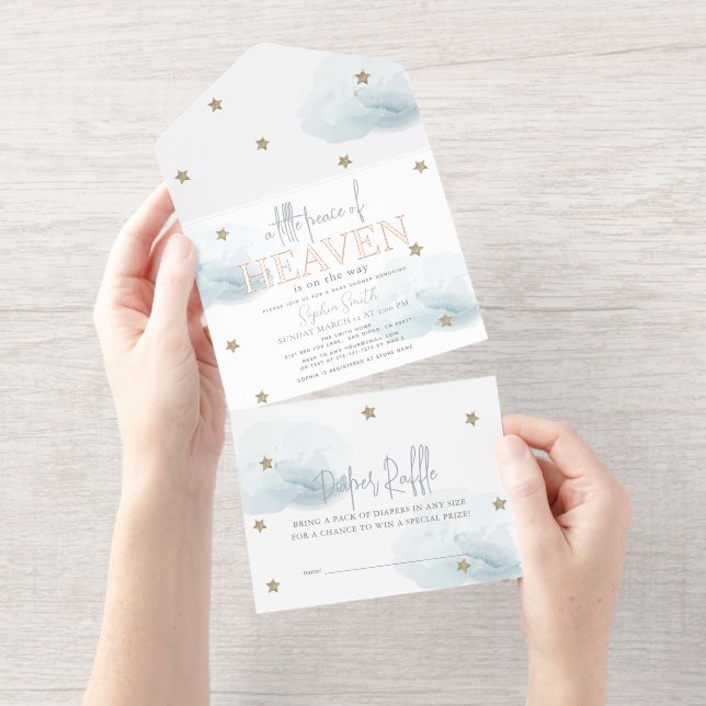 Little Peace of Heaven Blue Cloud Baby Shower Foil All In One Invitation (Tearaway)