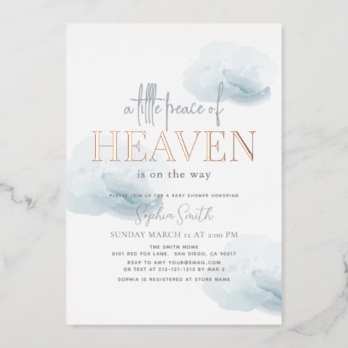 Little Peace of Heaven Blue Cloud Boy Baby Shower Foil Invitation