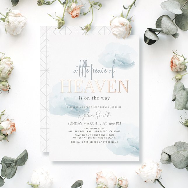 Little Peace of Heaven Blue Cloud Boy Baby Shower Foil Invitation (Little Peace/Piece of Heaven Invitation)