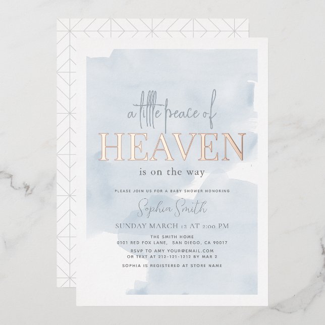 Little Peace of Heaven Blue Sky Boy Baby Shower Foil Invitation (Front/Back)