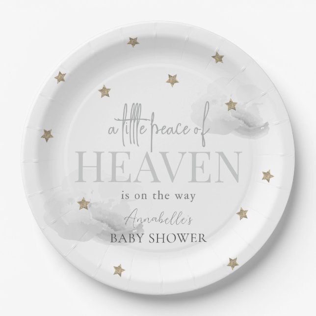 Little Peace of Heaven Gray Baby Shower Paper Plates (Front)