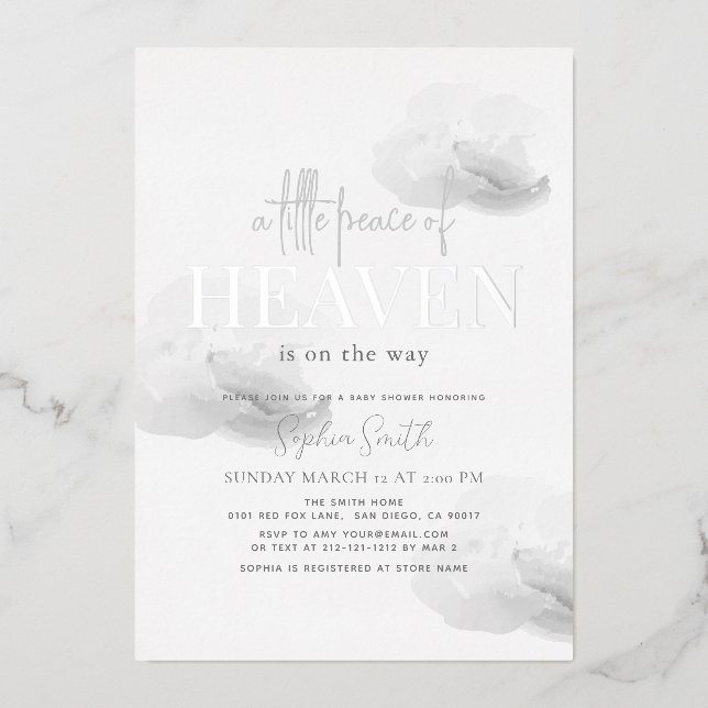 Little Peace of Heaven Gray Cloud Baby Shower Foil Invitation (Front)