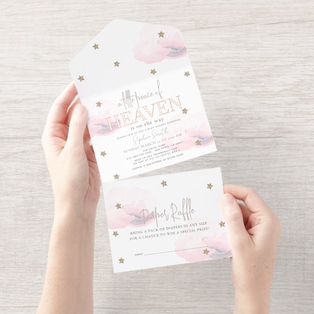 Little Peace of Heaven Pink Cloud Baby Shower Foil All In One Invitation (Tearaway)