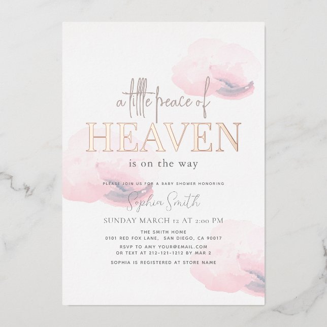 Little Peace of Heaven Pink Cloud Girl Baby Shower Foil Invitation (Front)