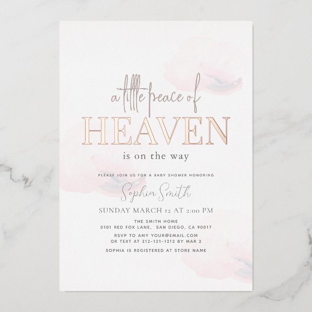 Little Peace of Heaven Pink Cloud Girl Baby Shower Foil Invitation (Front)