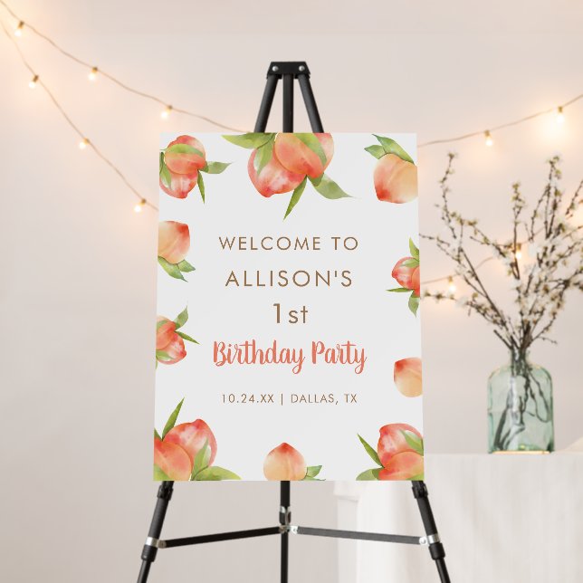 Little Peach 1st Birthday Party Welcome Foam Board (In Situ (Stand))