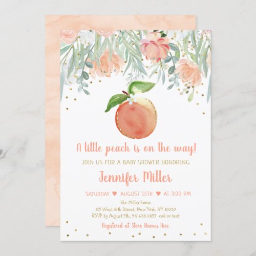 Little Peach Floral Gold Baby Shower Invitation