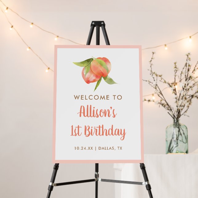 Little Peach Girl 1st Birthday Party Welcome Foam Board (In Situ (Stand))