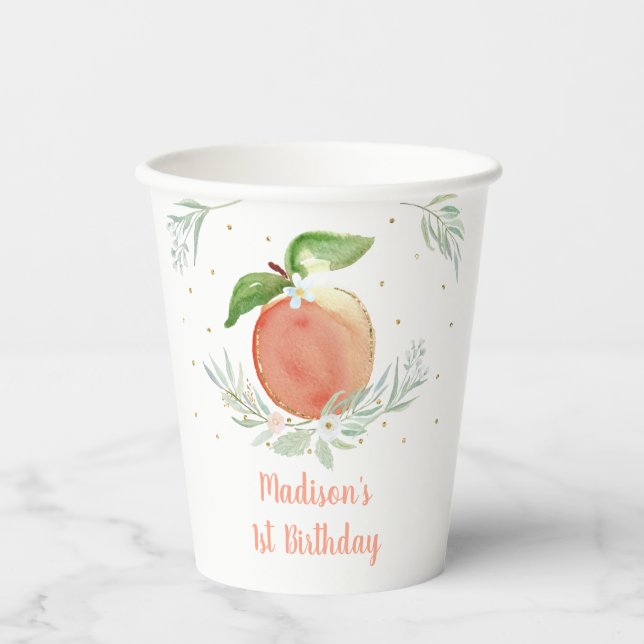 Little Peach Gold Floral Birthday Paper Cups (Front)