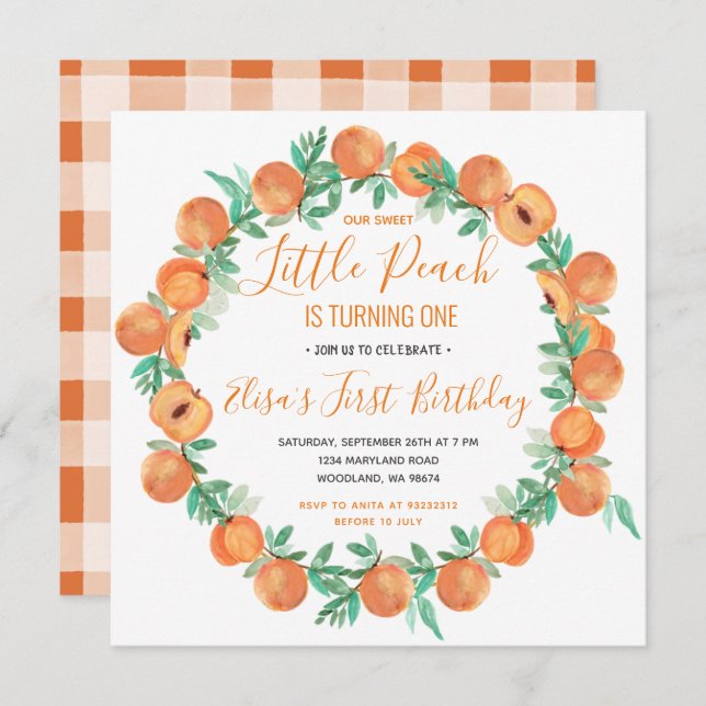 Little Peach is Turning one Birthday Invitation (Front/Back)