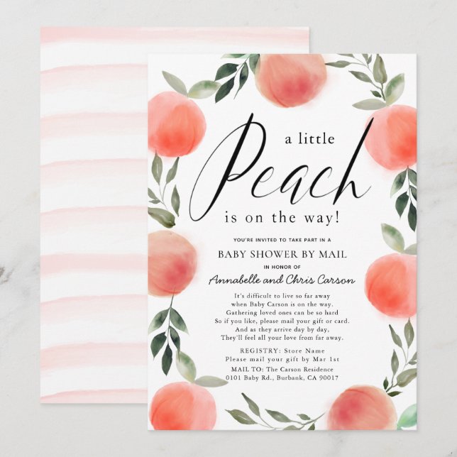 Little Peach Watercolor Baby Shower by Mail Invitation (Front/Back)