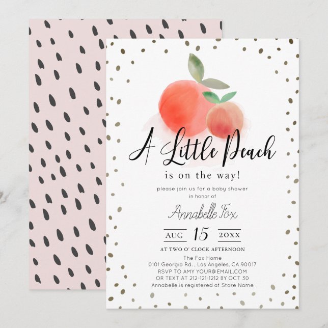 Little Peach Watercolor White Baby Shower Invitation (Front/Back)